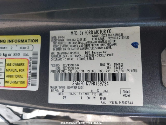 Ford FUSION SE 2015 3FA6P0H77FR159734 Image 9