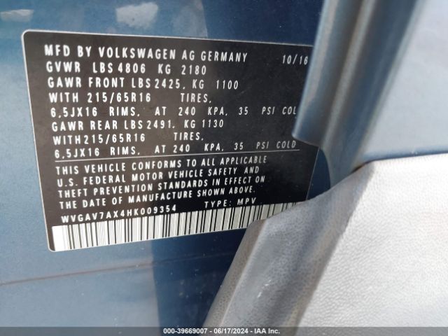 WVGAV7AX4HK009354 Volkswagen Tiguan 2.0t/2.0t S