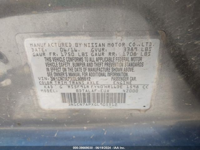 3N1CN7APXGL905512 Nissan Versa 1.6 S