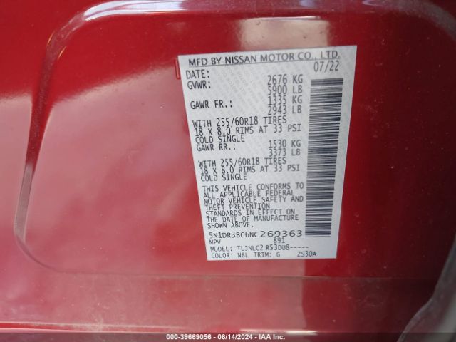 5N1DR3BC6NC269363 Nissan Pathfinder Sv 4wd