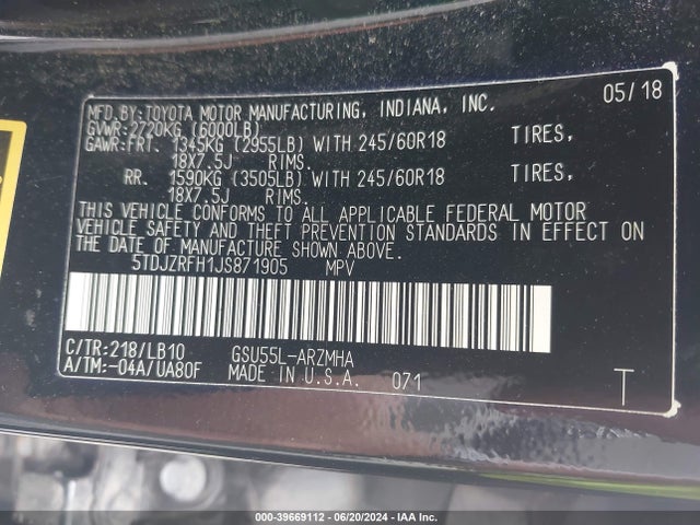 Toyota Highlander Xle 2018 5TDJZRFH1JS871905 Image 9