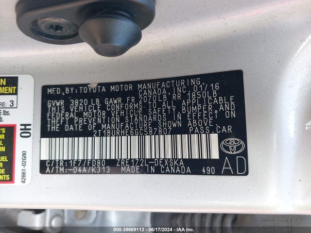 Toyota Corolla S Plus 2016 2T1BURHE6GC587807 Image 9