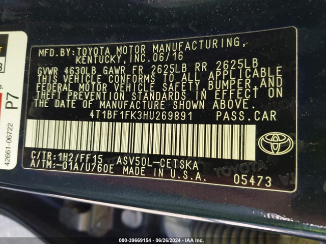 Toyota CAMRY SE 2017 4T1BF1FK3HU269891 Image 9