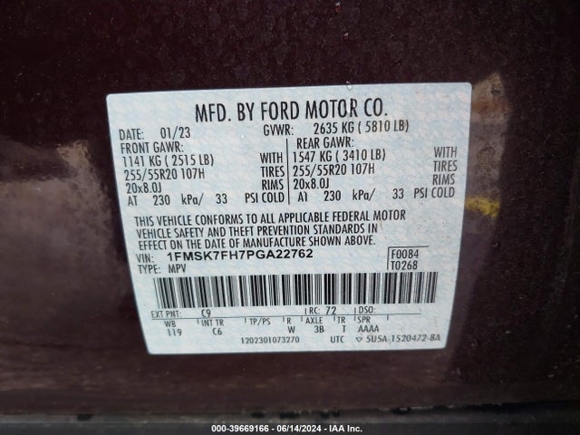 Ford Explorer Limited 2023 1FMSK7FH7PGA22762 Image 9