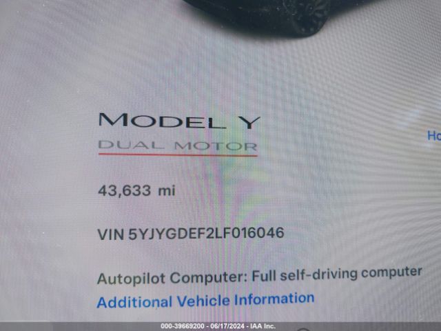 5YJYGDEF2LF016046 Tesla Model Y Long Range Dual Motor All-wheel Drive/performance Dual Motor All-wheel Drive
