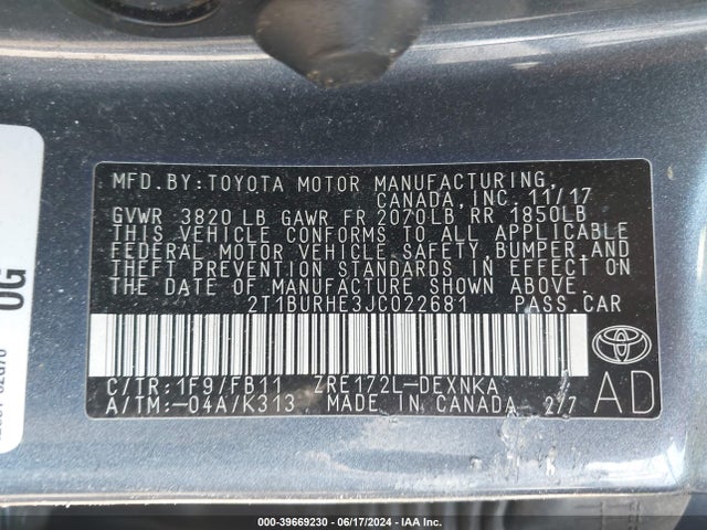 Toyota COROLLA LE 2018 2T1BURHE3JC022681 Image 9