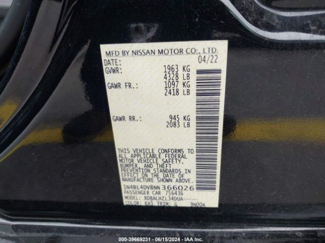 1N4BL4DV8NN366026 Nissan Altima Sv Fwd