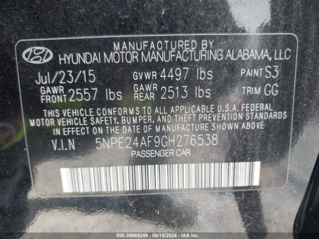 5NPE24AF9GH276538 Hyundai SONATA SE