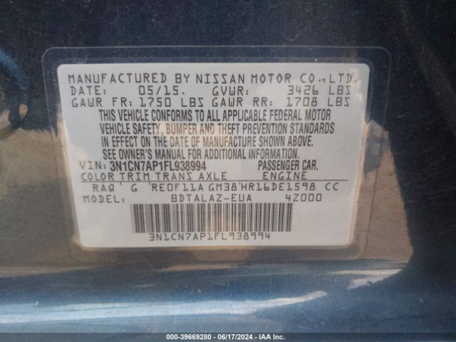 3N1CN7AP1FL938994 Nissan Versa 1.6 S+