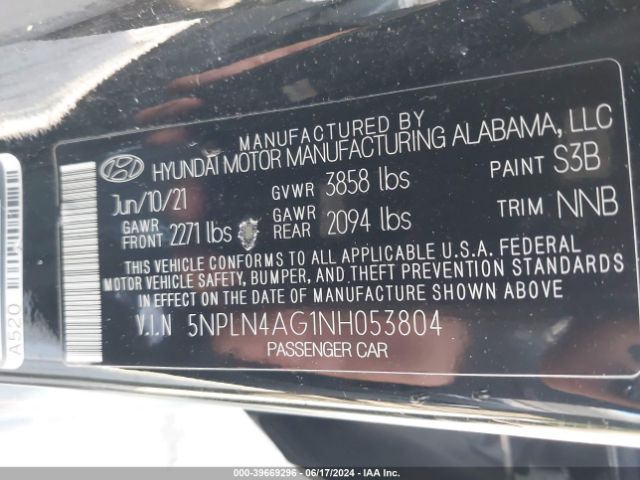 5NPLN4AG1NH053804 Hyundai ELANTRA SEL