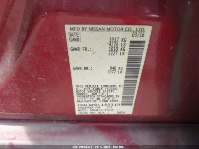 1N4AL3AP0GC189319 Nissan Altima 2.5/2.5 S/2.5 Sl/2.5 Sr/2.5 Sv