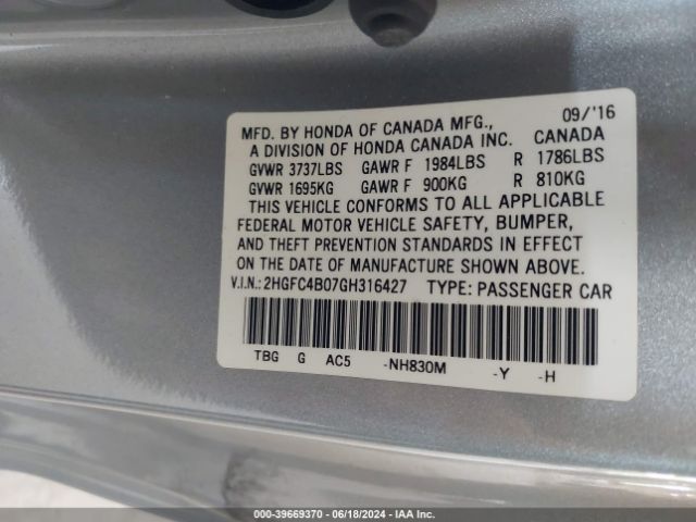 2HGFC4B07GH316427 Honda Civic Lx-p