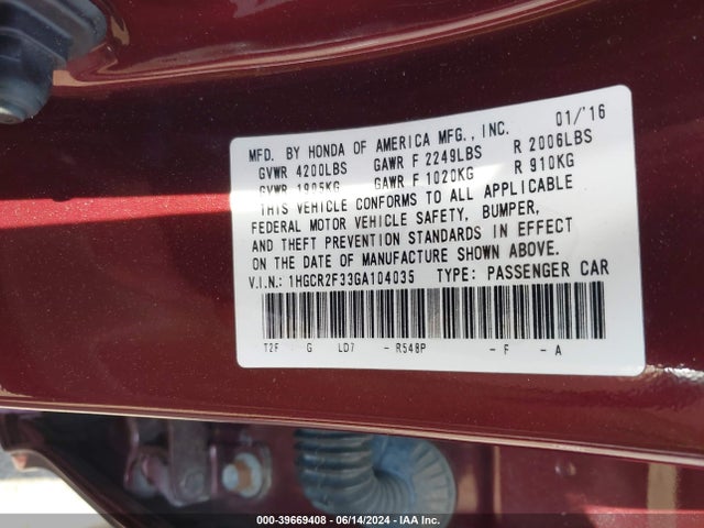 Honda ACCORD LX 2016 1HGCR2F33GA104035 Image 9