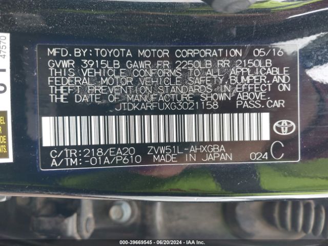 Toyota Prius Four 2016 JTDKARFUXG3021158 Image 9
