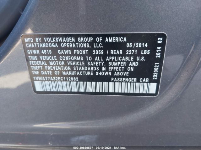 1VWAT7A32EC112962 Volkswagen Passat 1.8t Wolfsburg Edition