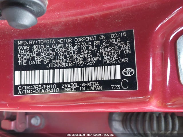 Toyota Prius Two 2015 JTDKN3DU4F1927269 Image 9