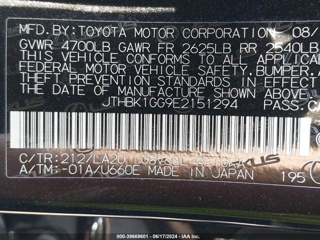 Lexus ES 350 2014 JTHBK1GG9E2151294 Image 9