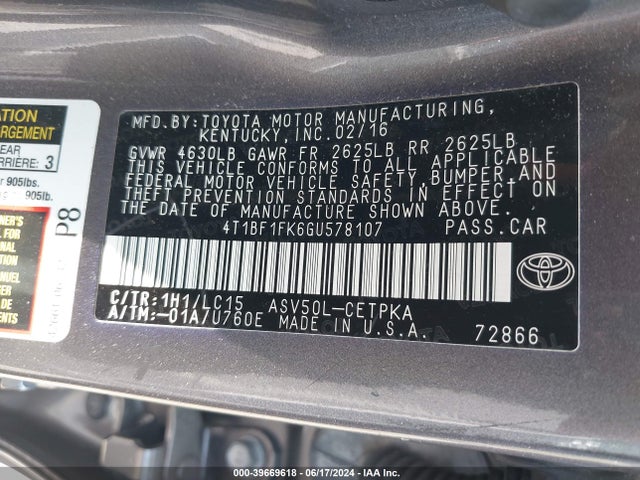 Toyota CAMRY XSE 2016 4T1BF1FK6GU578107 Image 9