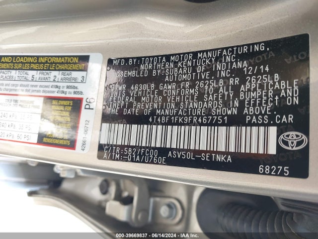 Toyota CAMRY LE 2015 4T4BF1FK9FR467751 Image 9