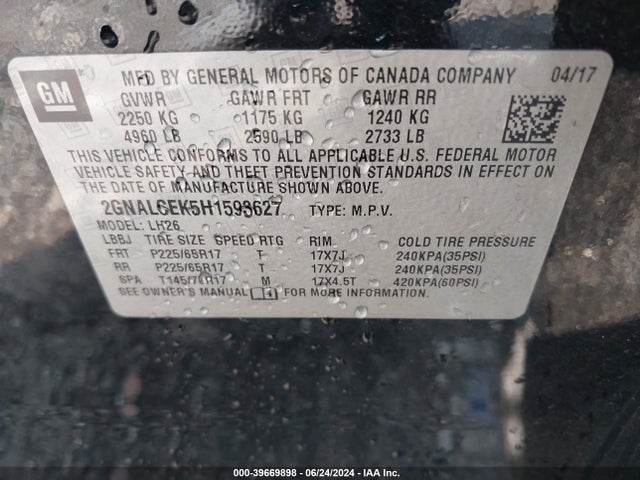 Chevrolet EQUINOX LT 2017 2GNALCEK5H1593627 Image 9