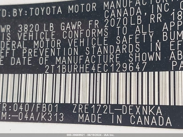 Toyota COROLLA LE 2014 2T1BURHE4EC129647 Image 9