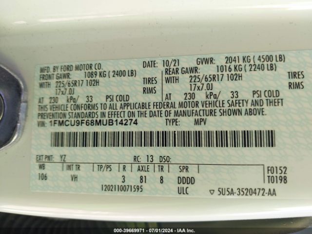 2021 FORD ESCAPE 1FMCU9F68MUB14274 Photo 8