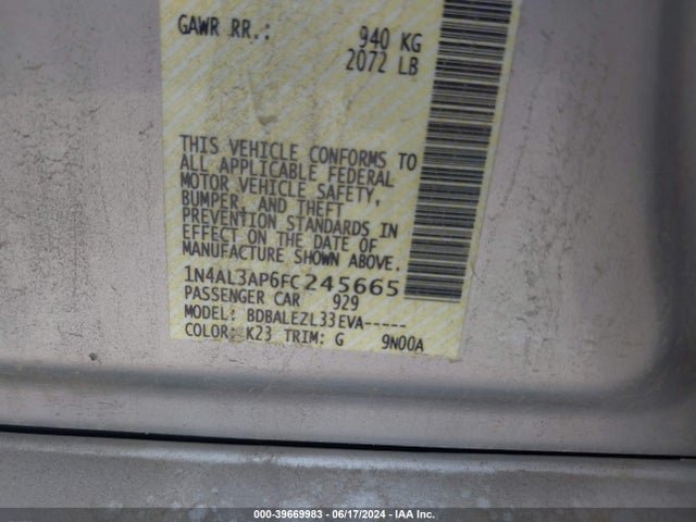 Nissan Altima 2.5 S 2015 1N4AL3AP6FC245665 Image 9