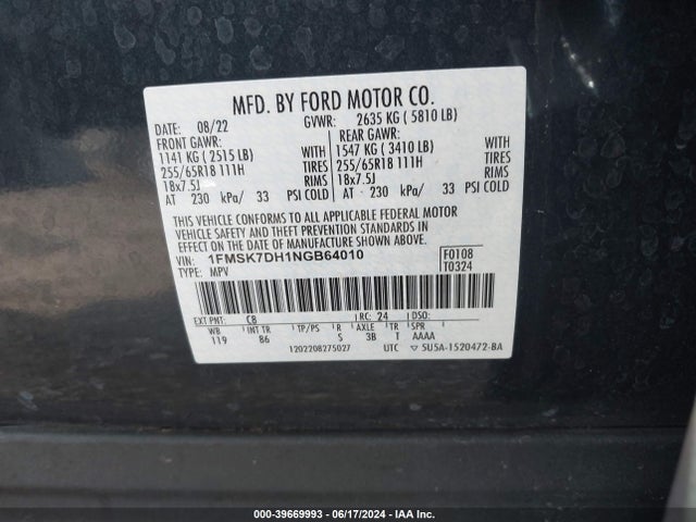 Ford EXPLORER XLT 2022 1FMSK7DH1NGB64010 Image 9