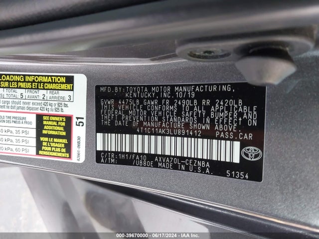 Toyota CAMRY LE 2020 4T1C11AK3LU891412 Image 9