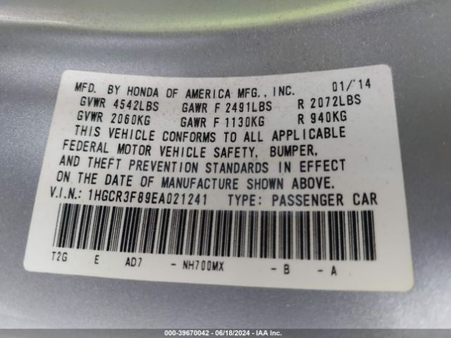 1HGCR3F89EA021241 Honda Accord Ex-l V-6