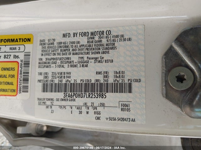 Ford FUSION SE 2020 3FA6P0HD7LR253985 Image 9
