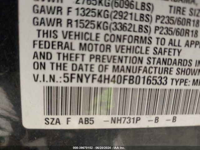 5FNYF4H40FB016533 Honda Pilot Ex