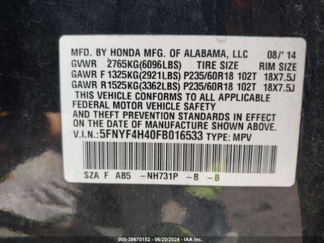 5FNYF4H40FB016533 Honda Pilot Ex