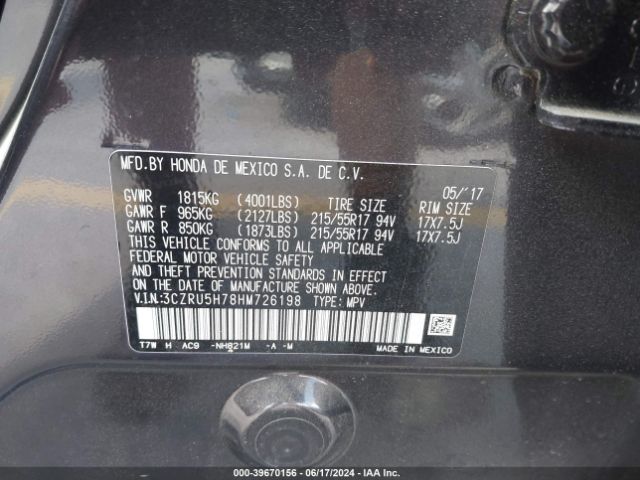 3CZRU5H78HM726198 Honda Hr-v Ex-l