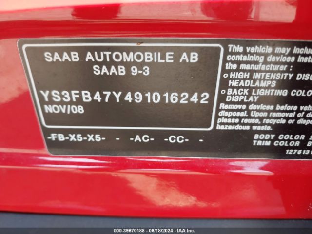 2009 SAAB 9-3 YS3FB47Y491016242 Photo 8