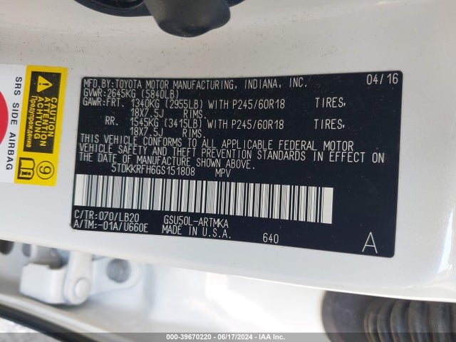 Toyota Highlander Xle V6 2016 5TDKKRFH6GS151808 Image 9