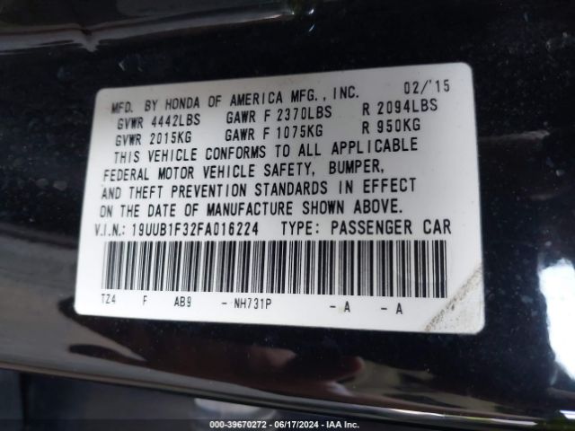 19UUB1F32FA016224 Acura TLX