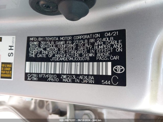 Toyota Corolla Hybrid Le 2021 JTDEAMDE9MJ030078 Image 9