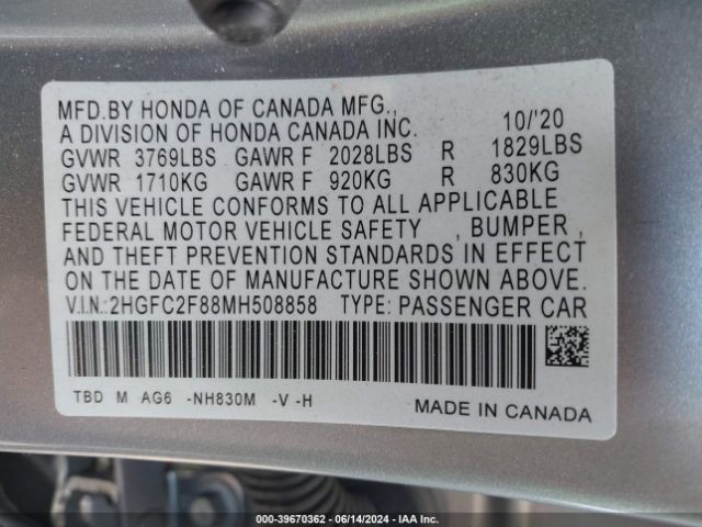 2HGFC2F88MH508858 Honda Civic Sport