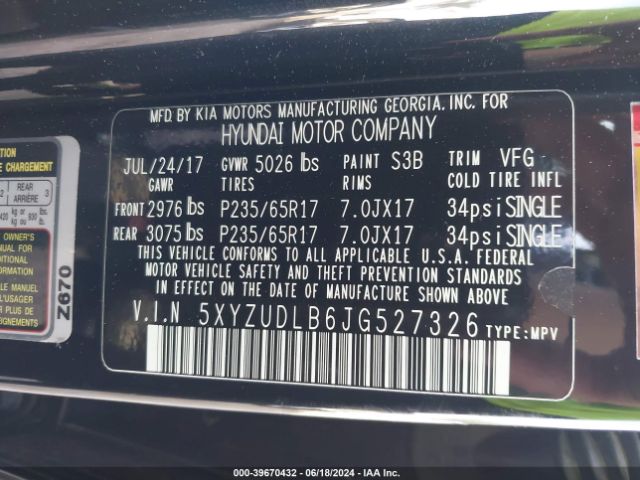 5XYZUDLB6JG527326 Hyundai Santa Fe Sport 2.4l