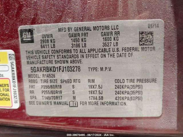 5GAKRBKD1FJ103278 Buick Enclave Leather