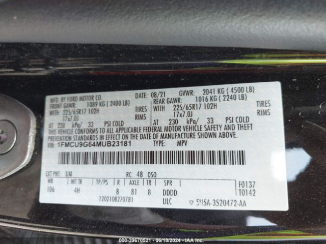 1FMCU9G64MUB23181 Ford ESCAPE SE