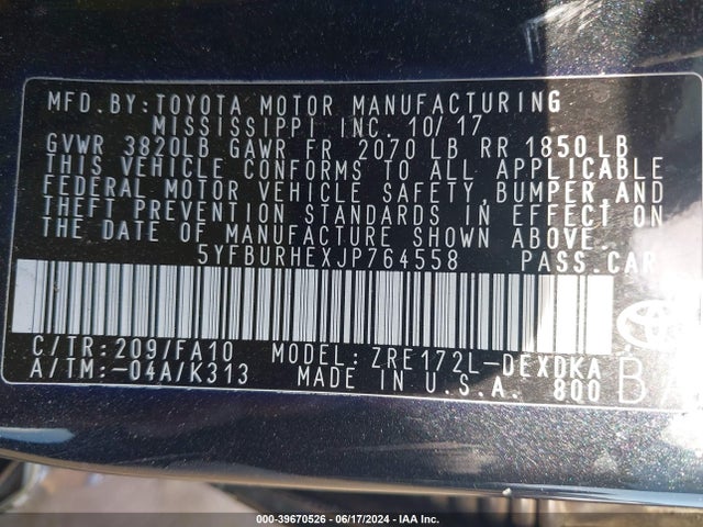 Toyota COROLLA L 2018 5YFBURHEXJP764558 Image 9