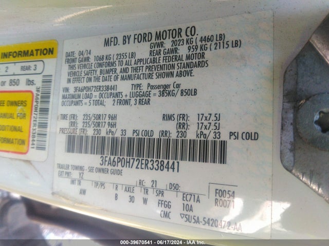 Ford FUSION SE 2014 3FA6P0H72ER338441 Image 9