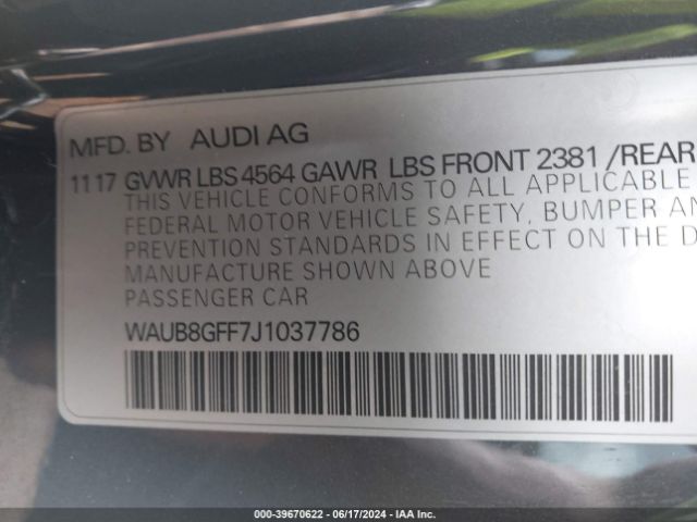 WAUB8GFF7J1037786 Audi A3 2.0t Premium/2.0t Tech Premium