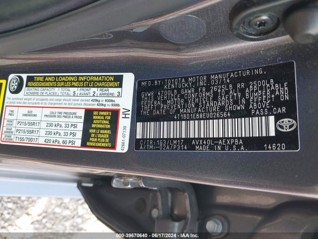 Toyota Avalon Hybrid Limited 2014 4T1BD1EB8EU026564 Image 9