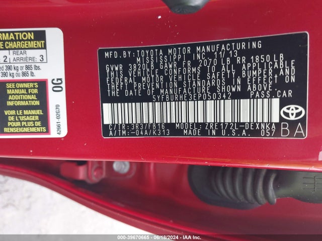 Toyota Corolla Le Plus 2014 5YFBURHE3EP050342 Image 9