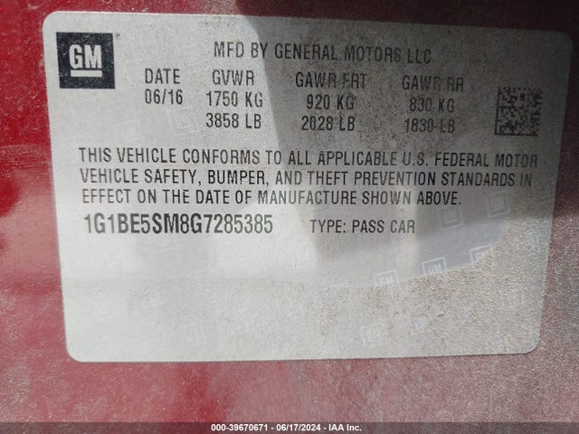 Chevrolet Cruze Lt Auto 2016 1G1BE5SM8G7285385 Image 9