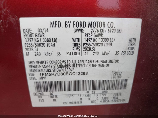 Ford EXPLORER XLT 2014 1FM5K7D80EGC12268 Image 9