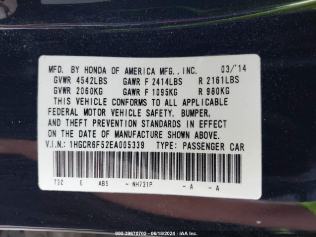 1HGCR6F52EA005339 Honda Accord Hybrid Ex-l